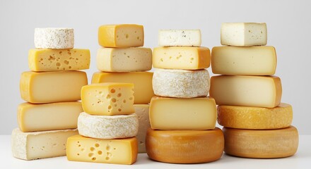 Artisan Cheeses Stacked High Soft Light Photography. AI Generated
