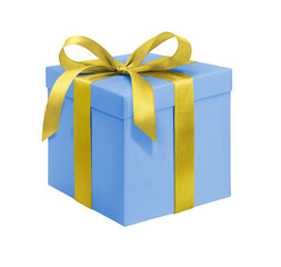 Blue gift box with golden ribbon and bow on a white background