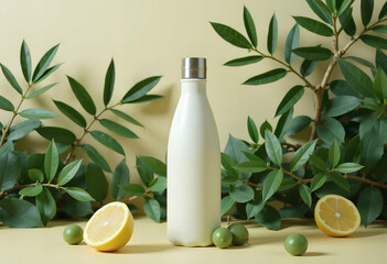 Reusable white insulated water bottle, Healthy fruit and water bottle, Rco-friendly bottle with natural elements