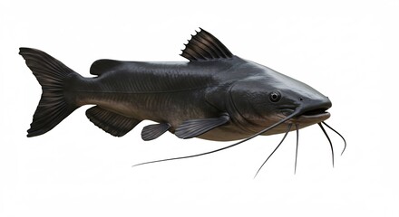 Large Dark Catfish Swims Gracefully Clean White Background. AI Generated