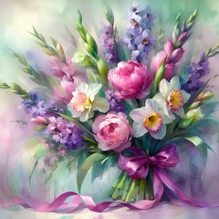 Obraz premium bouquet of flowers with ribbon 