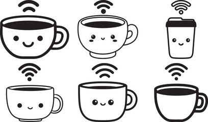 Cute Coffee Cup Icons with Smiley Faces and Wi-Fi Signals – Vector Set