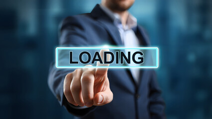 Loading screen concept with business man touching loading button design