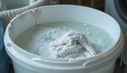 Soaking Clothes in White Bucket with Detergent