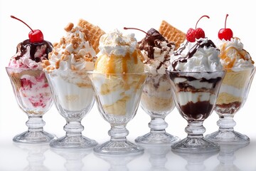 Delicious ice cream sundaes served in elegant glass cups with toppings and cherries