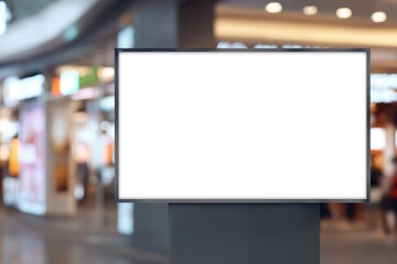 Blank signage stands ready for graphics in a public retail shopping area.