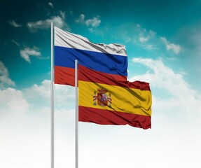  National flags of Russia and Spain wave side by side in a clear blue sky symbolizing international...
