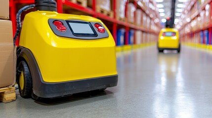 Fototapeta premium Yellow Automated Guided Vehicle in Modern Warehouse