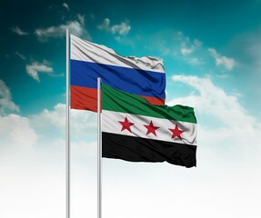  National flags of Russia and Syria wave side by side in a clear blue sky symbolizing international...