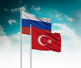 National flags of Russia and Turkey wave side by side in a clear blue sky symbolizing...