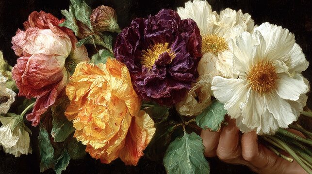 Detailed close-up of wilted violets, chrysanthemums, and daisies held in a gentle hand - Powered by Adobe