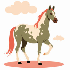 Obraz premium Appealing paint horse equine illustration. Paint horse with reddish mane and tail stands gracefully against pastel clouds. This image of paint horse is perfect for equestrian themed designs,