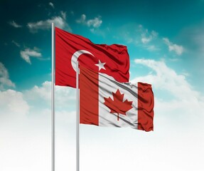  National flags of Turkey and Canada wave side by side in a clear blue sky symbolizing...