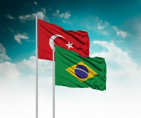  National flags of Turkey and Brazil wave side by side in a clear blue sky symbolizing...