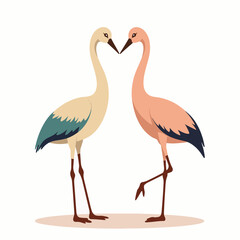 Obraz premium Elegant crane and flamingo birds facing each other. Pair of graceful birds, one pale yellow and other light pink, standing close together.