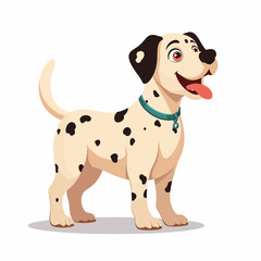 Fototapeta premium Playful dalmatian puppy, canis familiaris, standing cheerfully. Happy dalmatian dog with black spots, wearing teal collar.