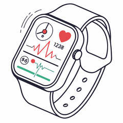 Vector image smart watch with pedometer and heart rate graph. Style UI-friendly, flat icons, redgreen accents 