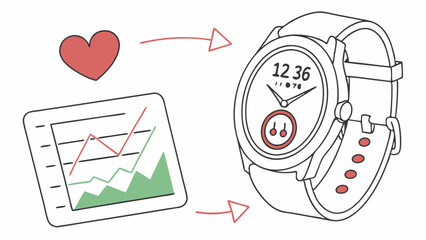 Vector image smart watch with pedometer and heart rate graph. Style UI-friendly, flat icons, redgreen accents 