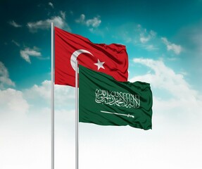  National flags of Turkey and Saudi Arabia wave side by side in a clear blue sky symbolizing...