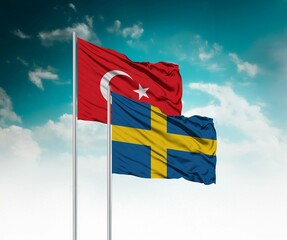  National flags of Turkey and Sweden wave side by side in a clear blue sky symbolizing...