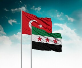  National flags of Turkey and Syria wave side by side in a clear blue sky symbolizing international...