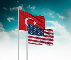  National flags of Turkey and United States of America wave side by side in a clear blue sky...