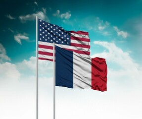  National flags of United States of America and France wave side by side in a clear blue sky symbolizing international unity and cooperation.
