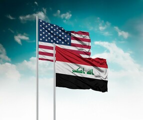  National flags of United States of America and Iraq wave side by side in a clear blue sky symbolizing international unity and cooperation.