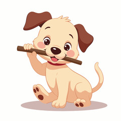 Obraz premium Adorable puppy playing with stick. Happy playful dog enjoys chewing on wooden stick. Cute pet illustration perfect for children's book, greeting card, or website design.