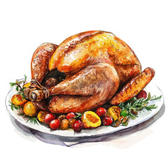 Roast Turkey, watercolor painting vector, high quality, isolated on a white background.