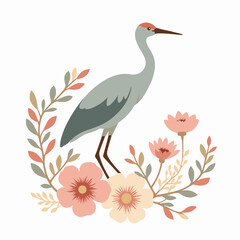 Elegant crane bird illustration surrounded by delicate flowers and leaves.  This graceful crane artwork features pastel pink and cream blossoms, creating a serene and peaceful scene.