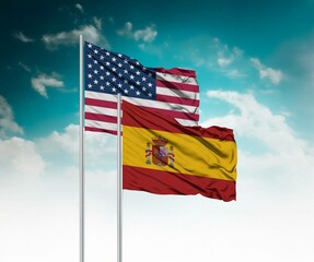  National flags of United States of America and Spain wave side by side in a clear blue sky...