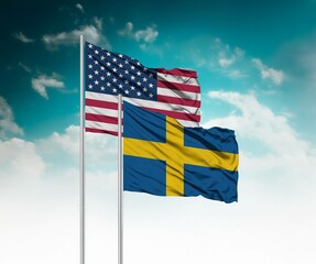  National flags of United States of America and Sweden wave side by side in a clear blue sky...