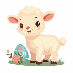 Fototapeta premium Adorable lamb, ovis aries, with pastel easter egg. Happy lamb standing near decorated easter egg and spring flowers. Cute lamb illustration perfect for easter cards, springtime announcements,