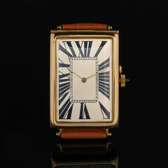 Elegant Gold Rectangular Watch with Brown Crocodile Leather Strap