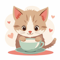 Adorable kitten drinking milk from cup. Cute kitty enjoying warm beverage.  Happy kitten illustration perfect for children's book, greeting card, or website design.