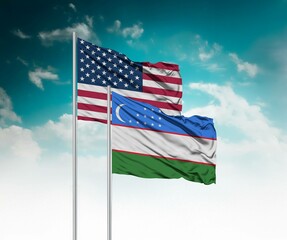  National flags of United States of America and Uzbekistan wave side by side in a clear blue sky...