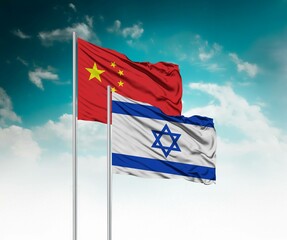  National flags of China and Israel wave side by side in a clear blue sky symbolizing international...