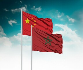  National flags of China and Morocco wave side by side in a clear blue sky symbolizing...