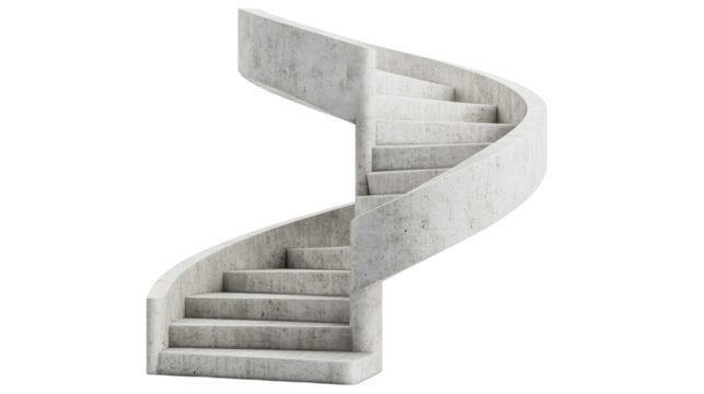 Minimalist spiral concrete staircase on white background