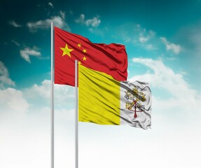  National flags of China and Vatican wave side by side in a clear blue sky symbolizing...