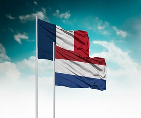  National flags of France and Netherlands wave side by side in a clear blue sky symbolizing...