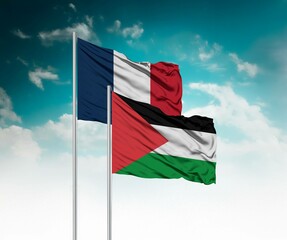  National flags of France and Palestine wave side by side in a clear blue sky symbolizing...