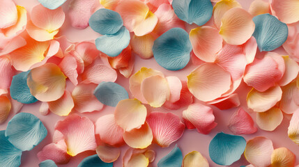 Colorful flower rose petals scattered on soft surface create vibrant and delicate scene. mix of pink, blue, and peach hues adds touch of elegance and beauty to any setting