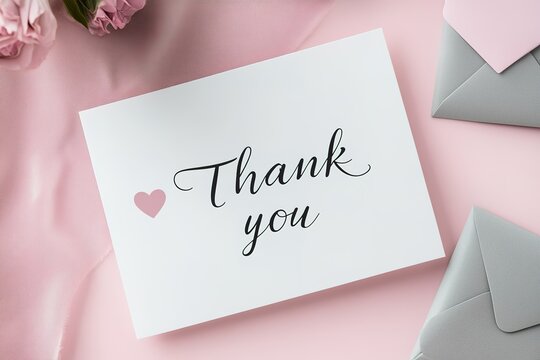 Elegant thank you card with pink flowers and envelopes