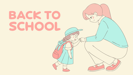 Obraz premium A flat vector illustration of a mother helping her child get ready for school. The mother is kneeling to tie the child’s shoelaces. The child is wearing a simple school uniform and looks happy