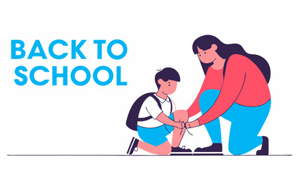 A flat vector illustration of a mother helping her child get ready for school. The mother is kneeling to tie the child’s shoelaces. The child is wearing a simple school uniform and looks happy