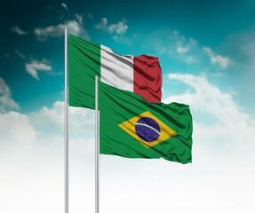  National flags of Italy and Brazil wave side by side in a clear blue sky symbolizing international...