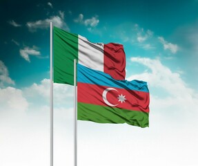  National flags of Italy and Azerbaijan wave side by side in a clear blue sky symbolizing...