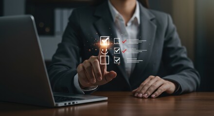Customer satisfaction interface. Businesswoman interacting with virtual smiley face and checkbox in digital rating system with glowing UI and professional business attire